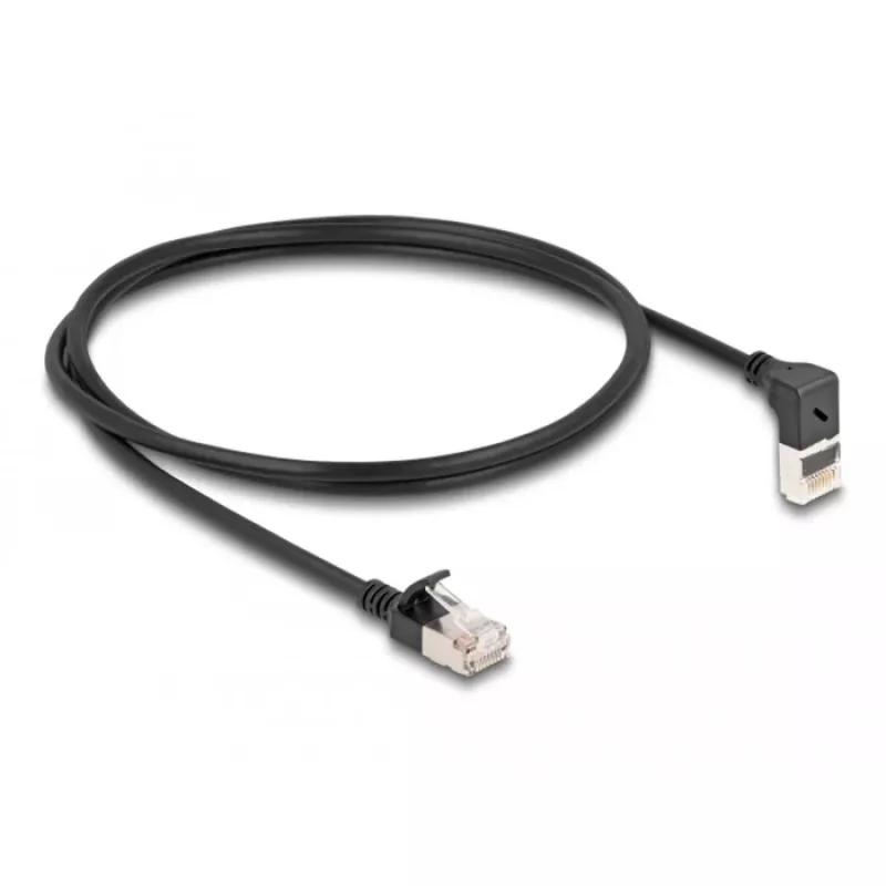 DeLOCK RJ45-verkkokaapeli Cat.6A S/FTP ohut 90° ylöspäin taivutettu 1 m musta