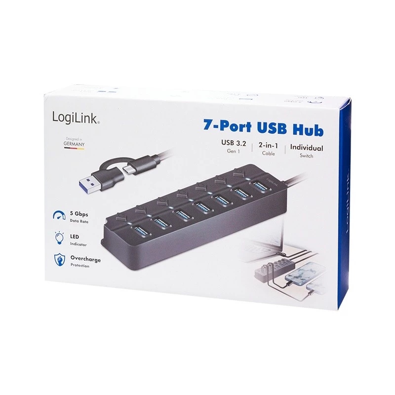 USB 3.2 Gen 1 -keskitin, 7 porttia on/off-kytkimellä, musta