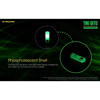 Avaimenperä-taskulamppu Nitecore TIKI GITD harmaa — USB-uudelleenladattava, 1 lm, 55 mm, 12 g, IP66