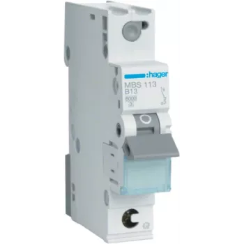 Hager MBS113. Nimellisvirta: 13 A, verkkotaajuus: 50/60 Hz. Tyyppi: B, moduulien enimmäismäärä: 1 moduuli. Leveys: 17,5 mm, syvyys: 70 mm, korkeus: 83,4 mm (MBS113)