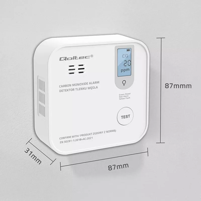 Hiilimonoksidianturi QOLTEC 52577 — paristokäyttöinen hälytin, 85 dB äänitaso