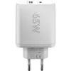 USB-C kaksoispikalaturi, PD, GaN, 65 wattia (valkoinen, 1x USB-C, 1x USB-A, Power Delivery)