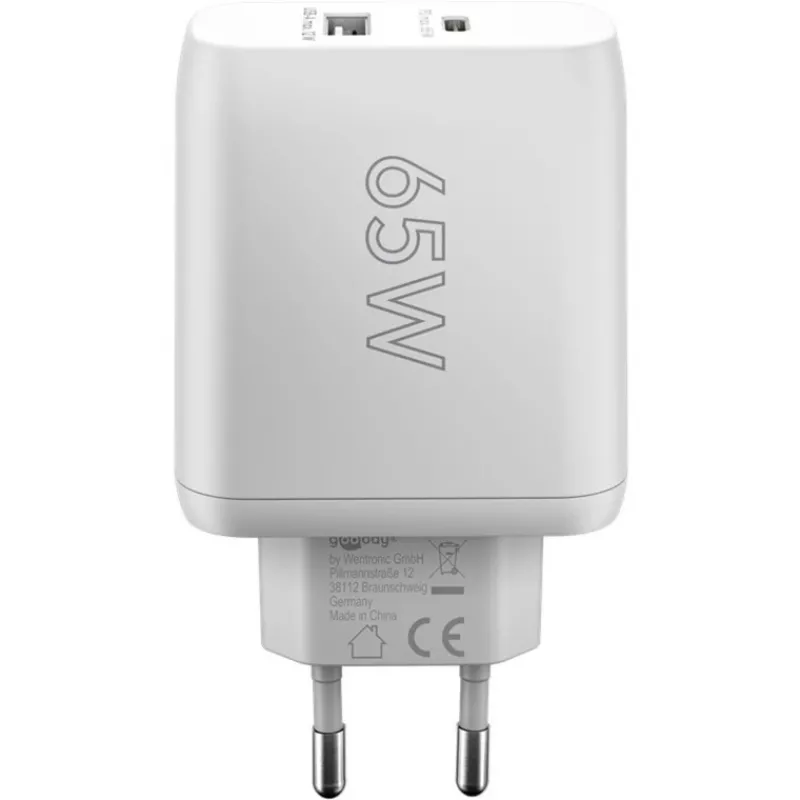 USB-C kaksoispikalaturi, PD, GaN, 65 wattia (valkoinen, 1x USB-C, 1x USB-A, Power Delivery)