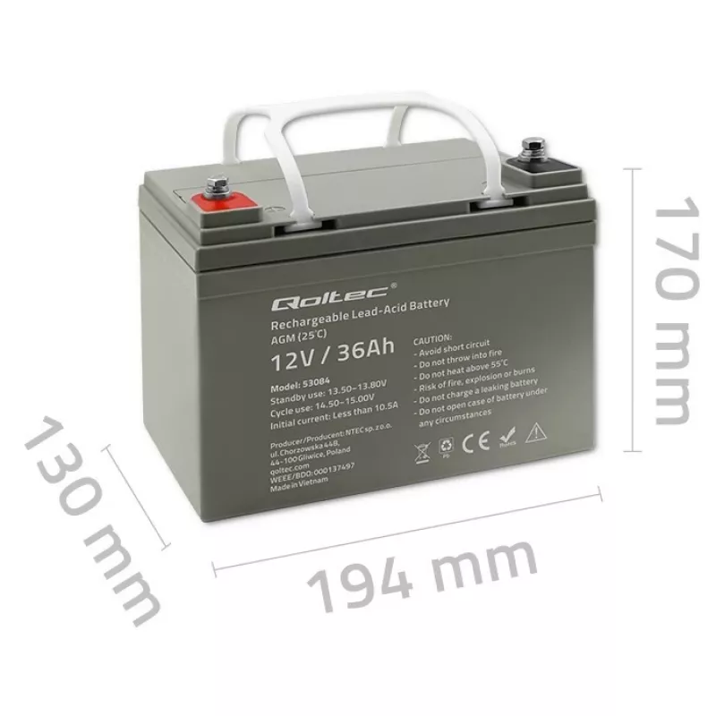 Sinettu AGM-UPS-akku QOLTEC 53084 12V 36Ah LongLife