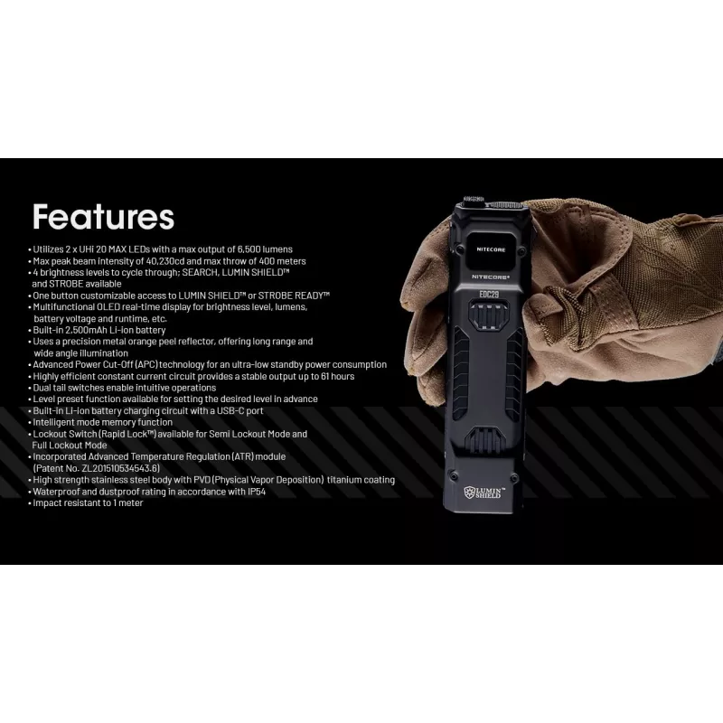 Käsivalaisin Nitecore EDC29 ruostumaton teräskotelo, 2 LEDiä, 15–6500 lm, IP54, USB ladattava