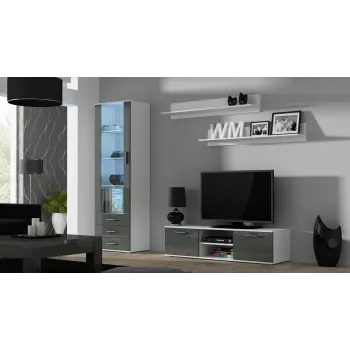 TV-taso cama meble SOHO 140 — 1400×430×370 mm, valkoinen kansi, lastulevy, valkoinen runko, valkoinen/harmaa kiiltävä
