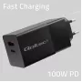 Qoltec 52382 GaN POWER PRO -laturi | 1xUSB Type-C | 1xUSB A | 100W | 5-20V | 1.5-5A | PD | musta