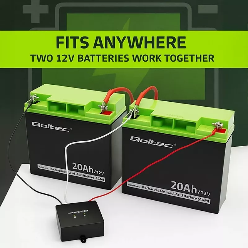 Akun jännitteentasaaja QOLTEC 51097 24V (2×12V) akuille, 5A tasausvirta