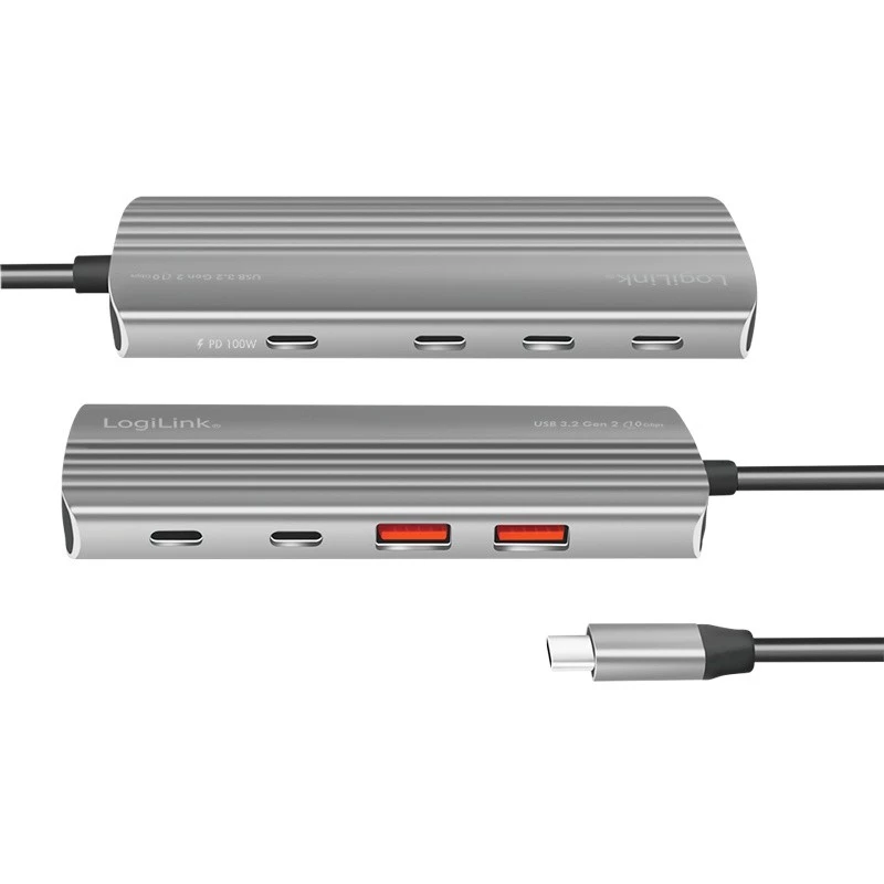 LogiLink USB 3.2 Gen2 -keskitin 7+1 porttia 2x USB-A 5x USB-C PD 100W alumiini
