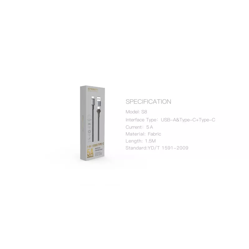 USB Type-C 2-in-1 -kaapeli Orsen S8, 5A, 1,5 m (pikalataus/tiedonsiirto)