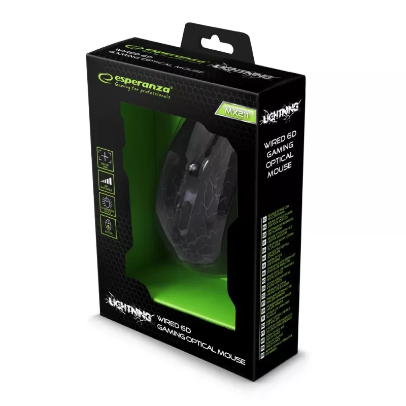 Esperanza MX211 LIGHTNING - hiiri - USB - hiiri - optinen - 6 painiketta - musta