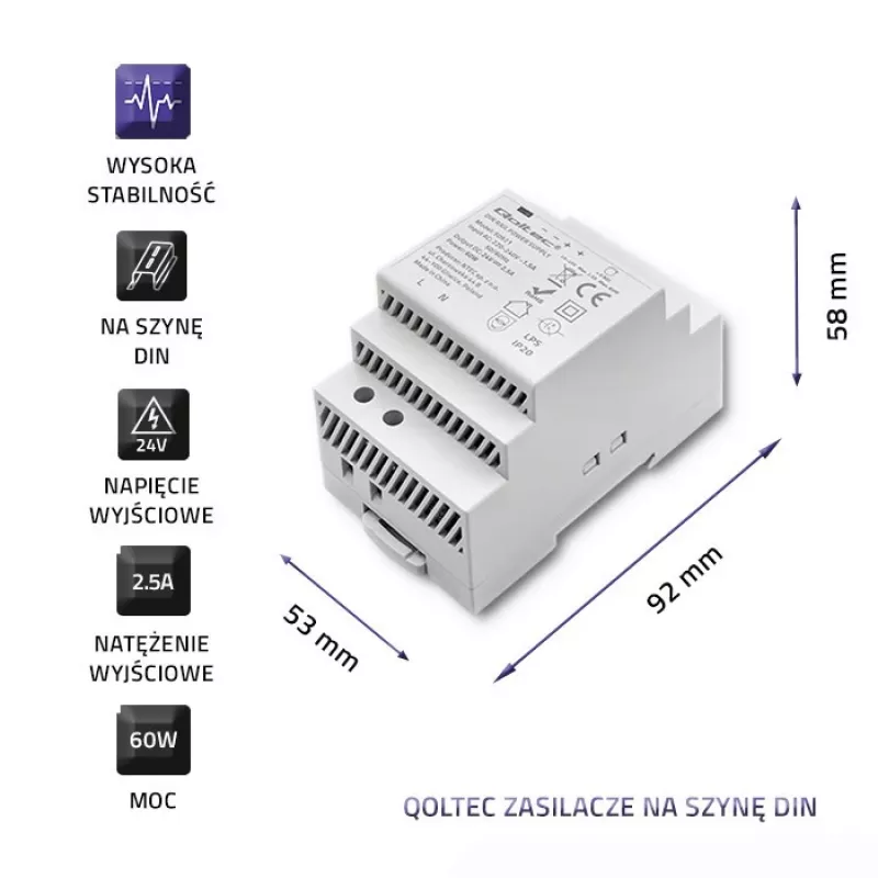 DIN-kiskovirtalähde QOLTEC 24V 2.5A 60W harmaa