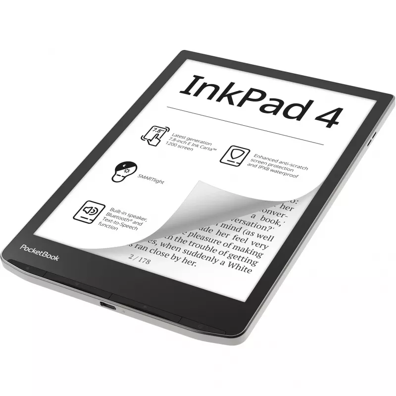 PocketBook InkPad 4 - 19,8 cm (7.8) - E Ink Carta - 1404 x 1872 pikseliä - ACSM - AZW - AZW3 - CBR - CBZ - CHM - DOC - DOCX - DjVu - EPUB - EPUB DRM - FB2 - FB2.ZIP - HTM - HTML - MOB