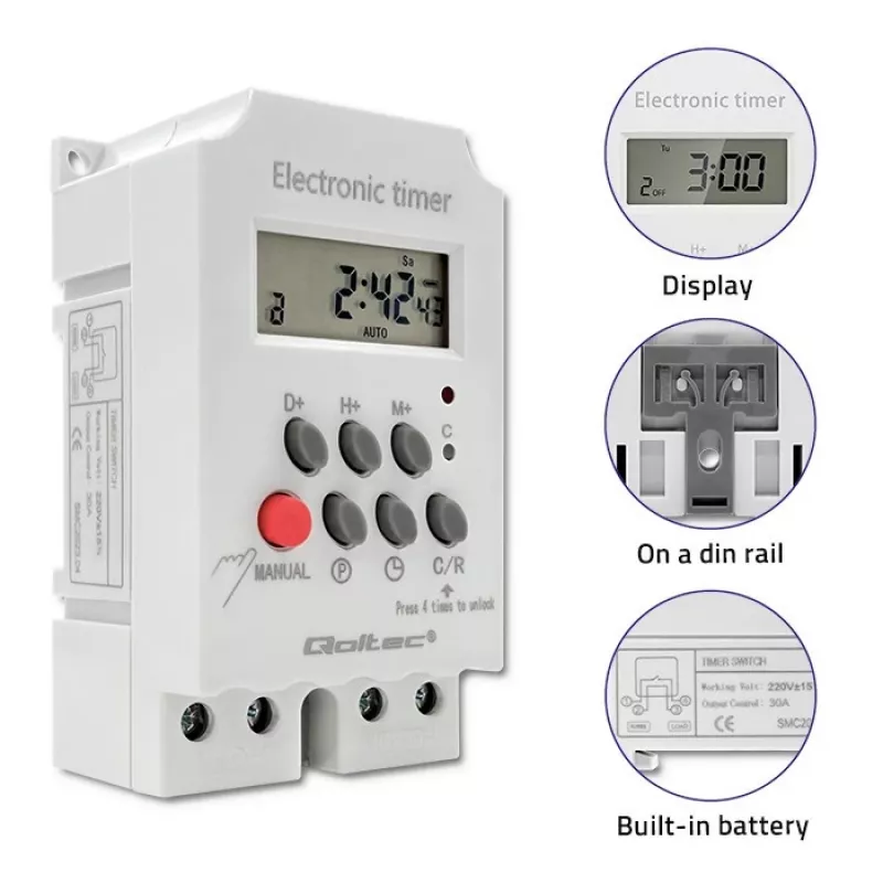 Elektroninen DIN-kiskokello QOLTEC PC0629 — 24V syöttö, 16A lähtö