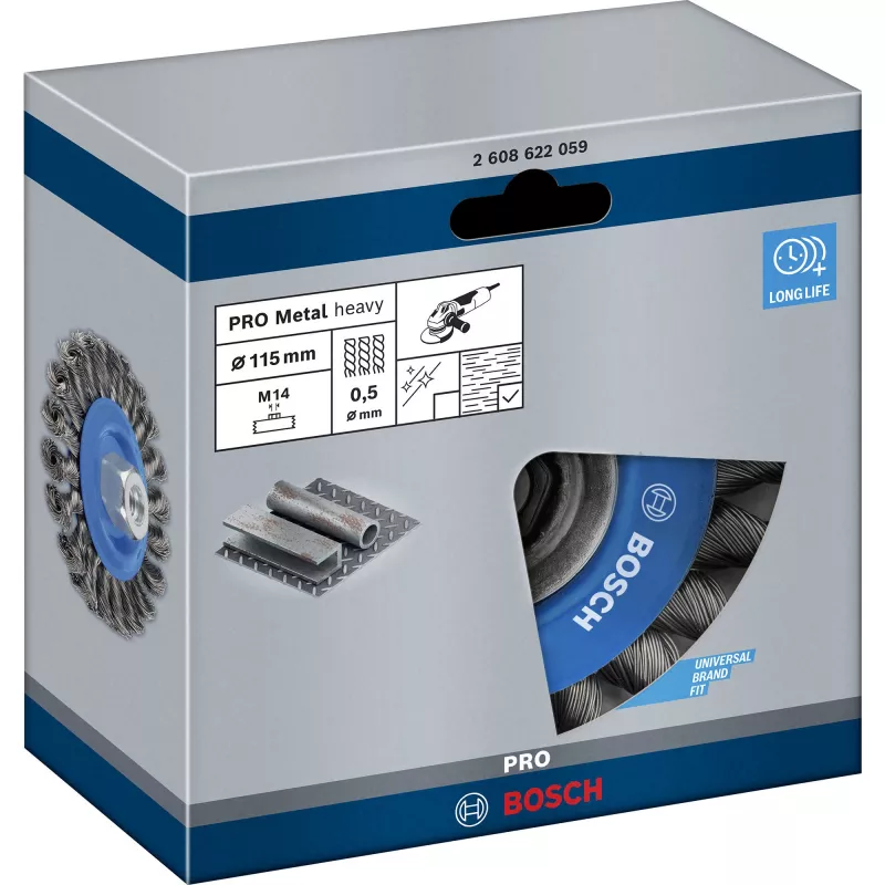 Bosch Heavy for Metal 2608622059 punottu teräslankalevybarja, Ø 115 mm, 0,5 mm teräslanka, M14, kulmahiomakoneisiin