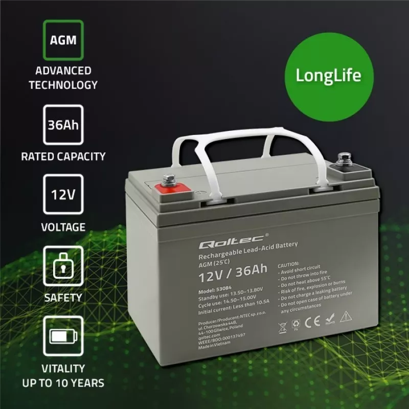 Sinettu AGM-UPS-akku QOLTEC 53084 12V 36Ah LongLife