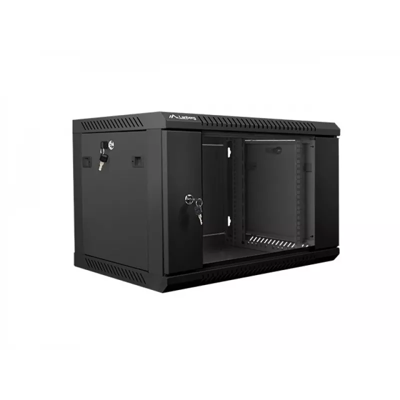 Lanberg WF01-6406-10B 19 tuuman seinäkiinnitteinen laitekaappi, 6U, 600x450x368 mm, lasiovi, 60 kg, musta