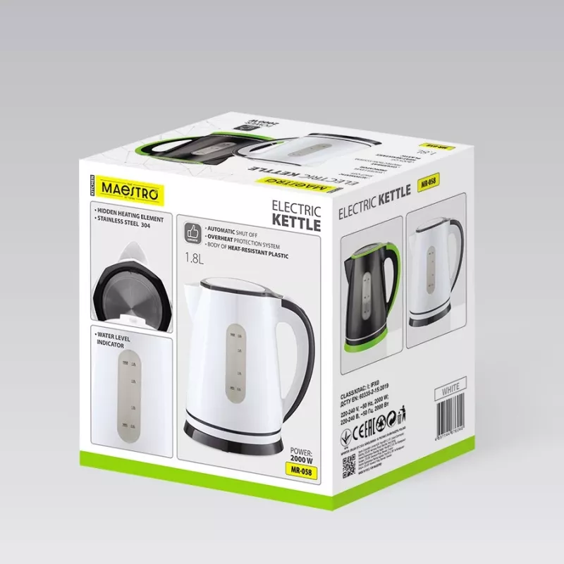 Sähköinen vedenkeitin Maestro MR-058-WHITE 1,8 L, 2000 W, johdoton, irrotettava suodatin