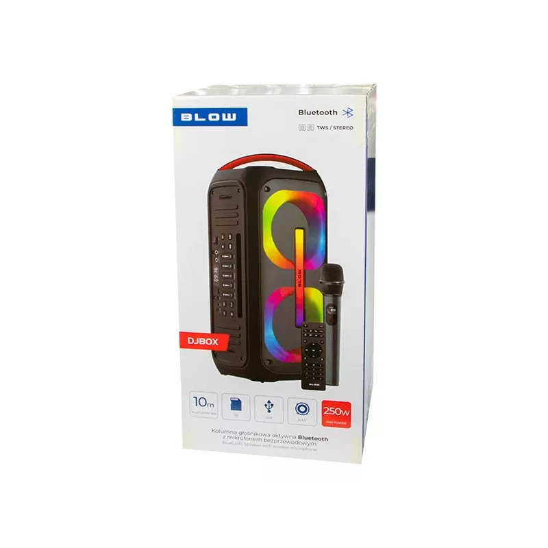 BLOW DJBOX 30-392# Bluetooth-kaiutin 250 W kaukosäätimellä ja mikrofonilla, USB, microSD, AUX, TWS, sisäänrakennettu akku, musta
