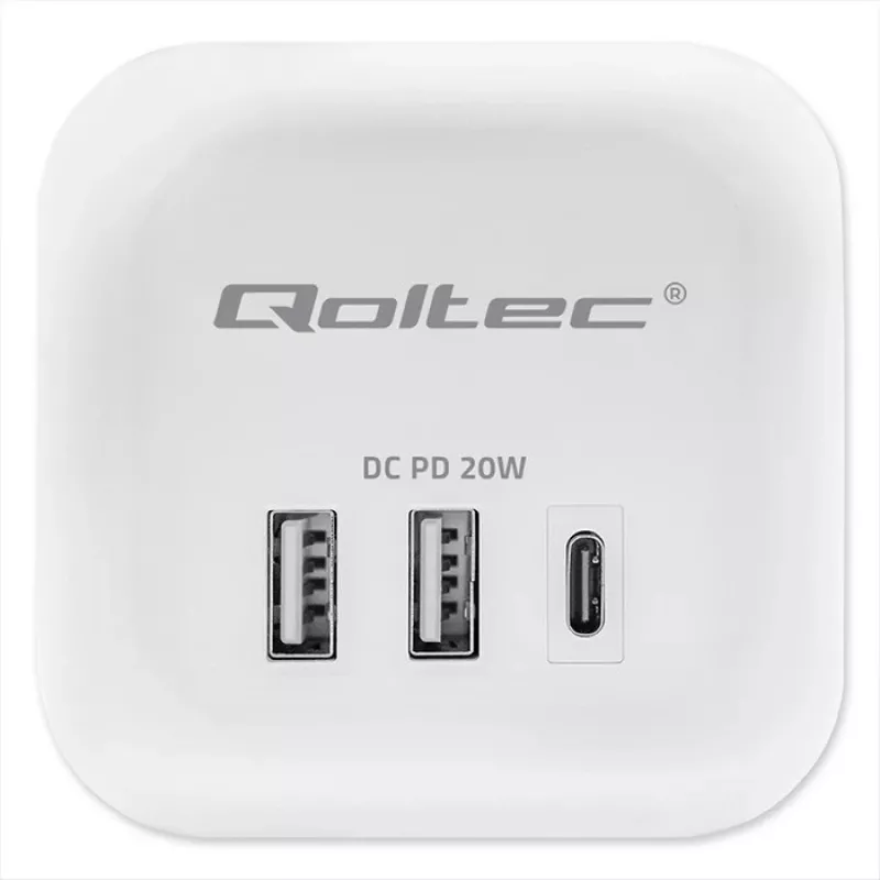 Jatkojohto QOLTEC 52548 3× AC-pistorasialla ja USB-liitännällä