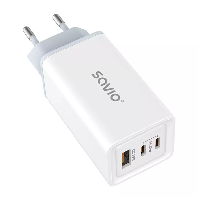 SAVIO LA-07 GaN 65W virtalähde, USB, QC4.0+, PD 3.0, valkoinen