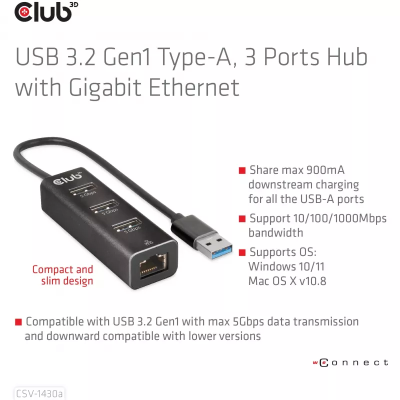 USB-keskitin CLUB3D USB 3.2 Gen1 Type-A 3 liitännällä ja gigabitin Ethernet