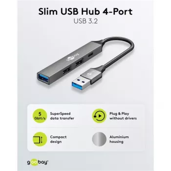 Goobay Slim 4-porttinen USB-keskitin, USB-A – USB-C™/USB-A, USB 3.2 (74458)