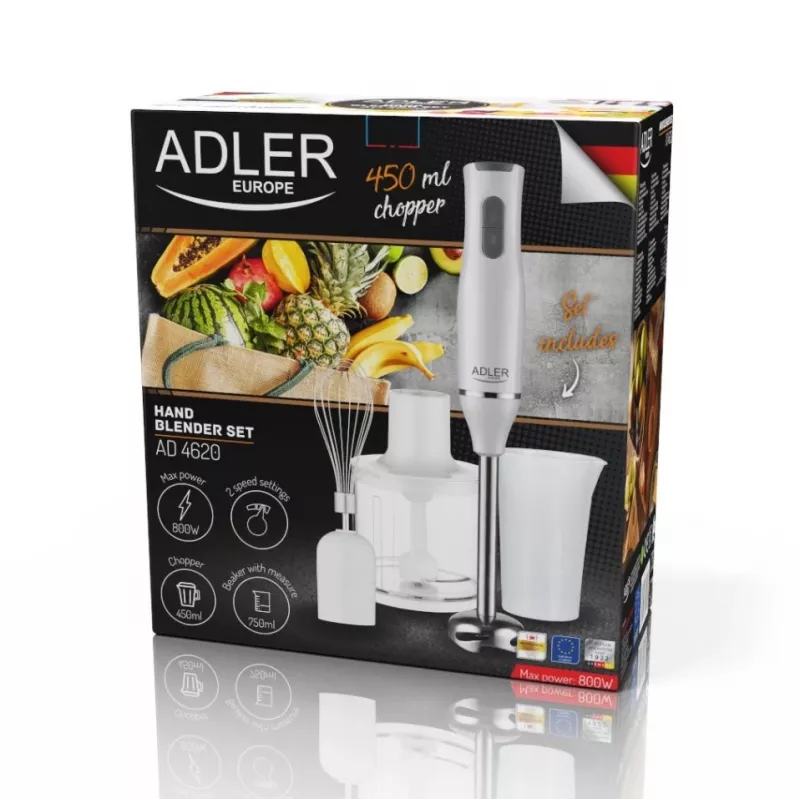 Adler AD 4620 sauvasekoitinsarja, 800 W, 2 nopeutta, 450 ml pilkkoja, 750 ml astia, vispilä, valkoinen