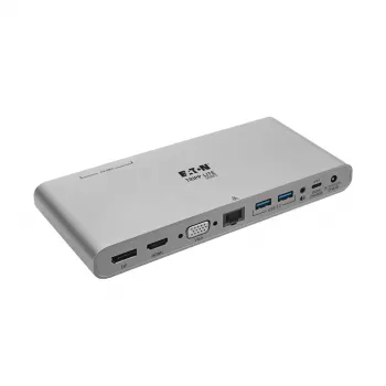 Eaton Tripp Lite USB-C -telakka, kolmoisnäyttö - 4K HDMI/DisplayPort, VGA, USB 3.2 Gen 1, USB-A/USB-C-keskitin, GbE, 100W PD-lataus, kansainväliset virtajohdot - telakka - USB-C