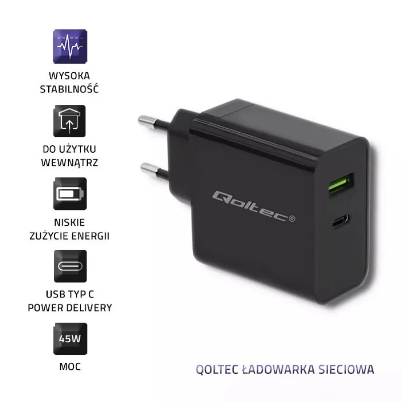 Virtalähde QOLTEC 51717 45W 20V 3A AC-laturi sisäkäyttöön älykellolle, musta