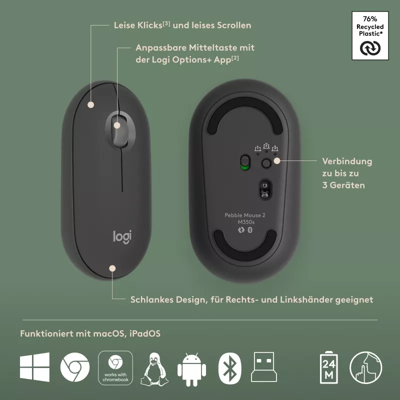 Logitech Pebble 2 Combo langaton näppäimistö ja hiiri QWERTZ saksa grafiitti