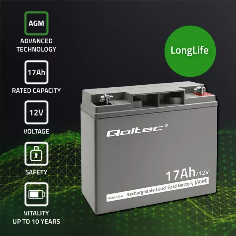 Qoltec 53046 AGM-akku 12 V 17 Ah, maks. 255 A
