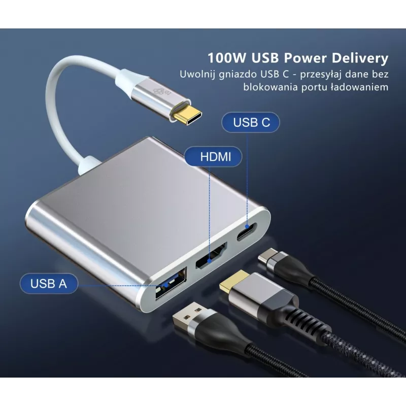 USB-C-adapteri-keskitin TB AKTBXVAU3HMPDAV — 3-in-1: HDMI + USB-A + USB-C PD, hopea