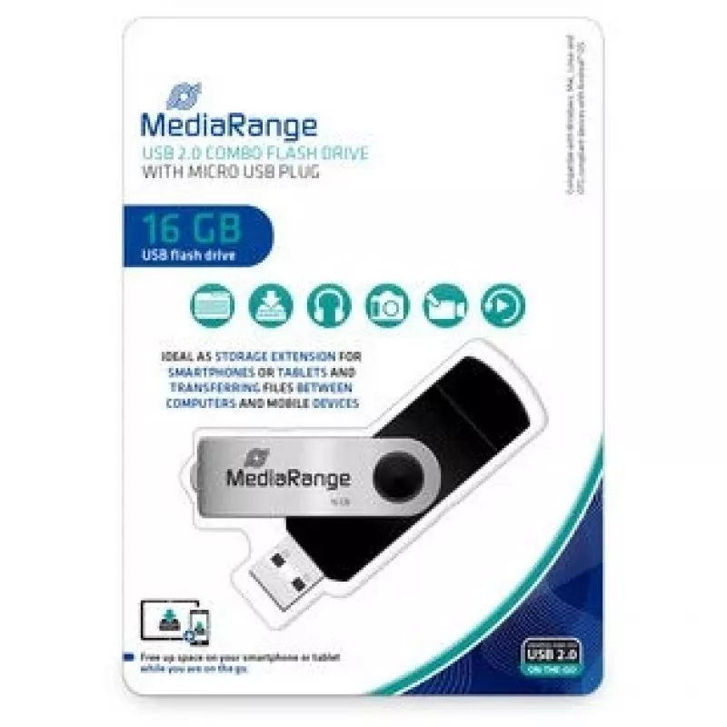 MEDIARANGE MR931-2 - 16 GB - USB Type-A / Micro-USB - 2.0 - 15 MB/s - kiertorengas - hopea - musta