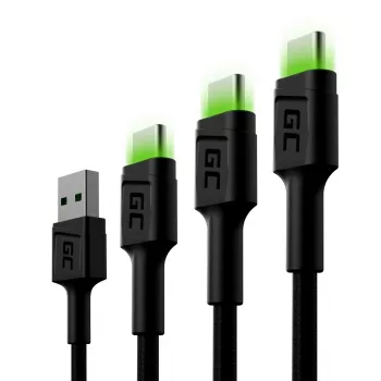 USB-C-kaapelisarja Green Cell GC Ray — USB A - USB C 3 pituutta (30 cm, 120 cm, 200 cm), USB PD, 480 Mbit/s, 2,4 A, musta