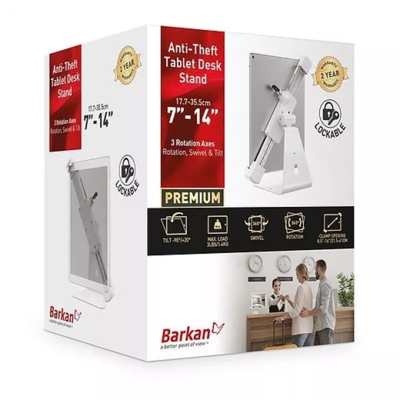 Barkan T71HL tabletin pöytäteline lukolla 7–14 tuumaa, 360° kääntyvä, valkoinen