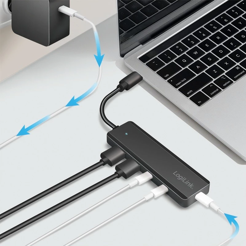 USB-C-keskitin, 4 porttia 2x USB-A, 2x USB-C, musta