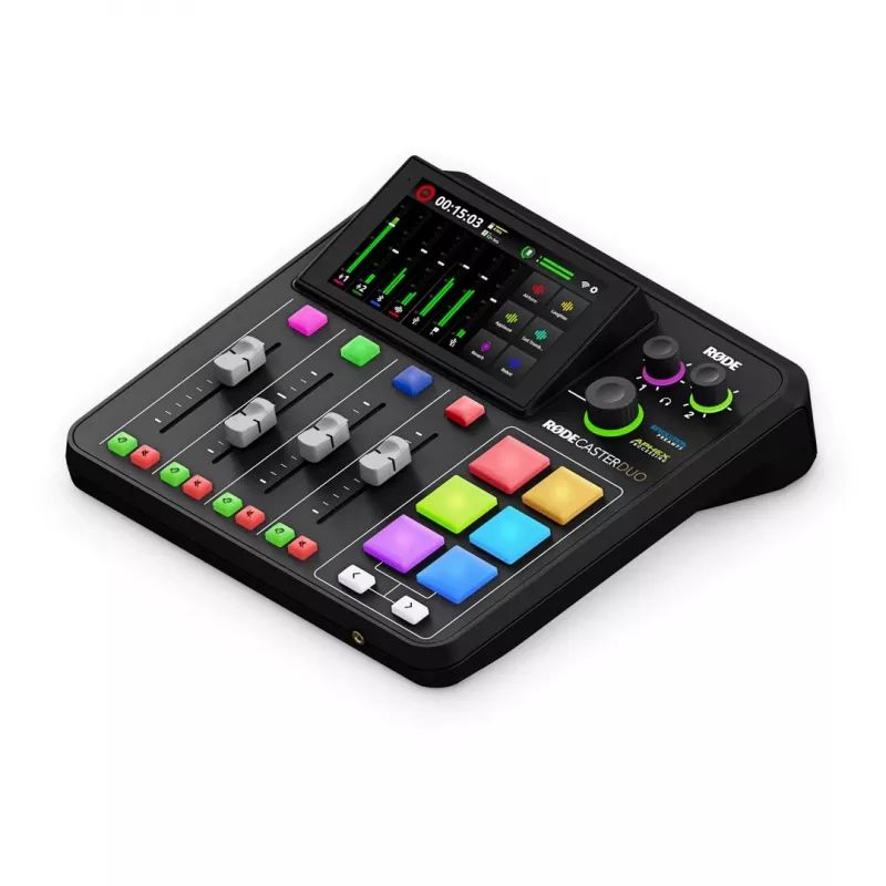Studiokontrolleri RØDE Caster Duo musta — 2 Combo XLR/TRS, 2 TRS Line-lähdöt, 48 kHz, 24-Bit, kosketusnäyttö, Wi-Fi, Bluetooth
