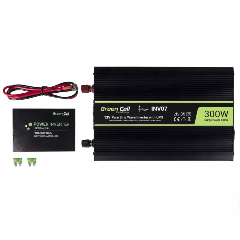 Jännitemuunnin Green Cell INV07, DC 12 V → AC 230 V, 300 W, 50 Hz, Type-C-pistoke, musta