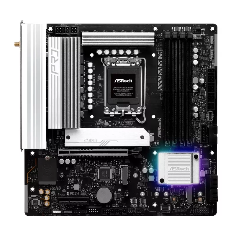 Emolevy ASRock B860M Pro RS WiFi — Intel B860, LGA 1851, micro ATX, DDR5, 4 DIMM, 3x M.2, 2.5Gb LAN, Wi‑Fi, Bluetooth