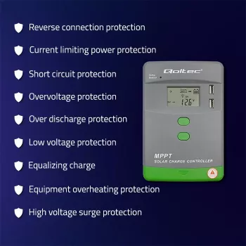 Qoltec, aurinko-MPPT-lataussäädin lämpötila-anturilla 20A 12V/24V LCD-näyttö 2 X USB