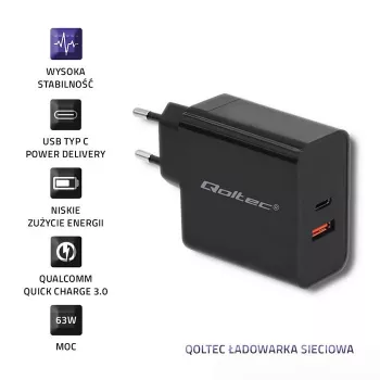 Virtalähde QOLTEC 51716 — AC 220–240V 20V 3A (63W), musta, yleislaturi sisäkäyttöön