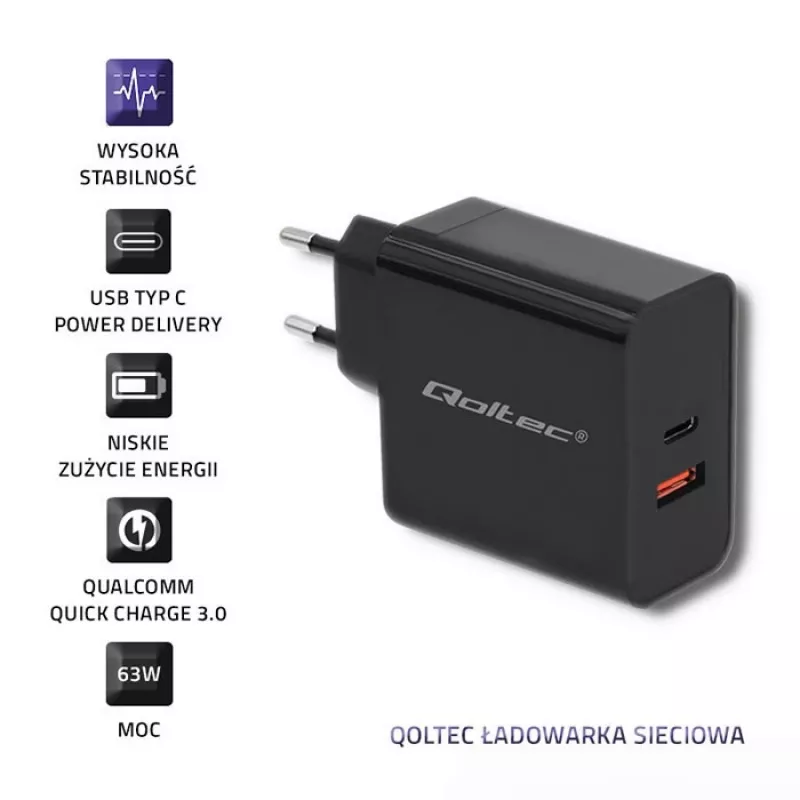 Qoltec 51716 seinälaturi 63 W, USB-C PD + USB QC 3.0, 5-20 V 1,5-3 A, musta