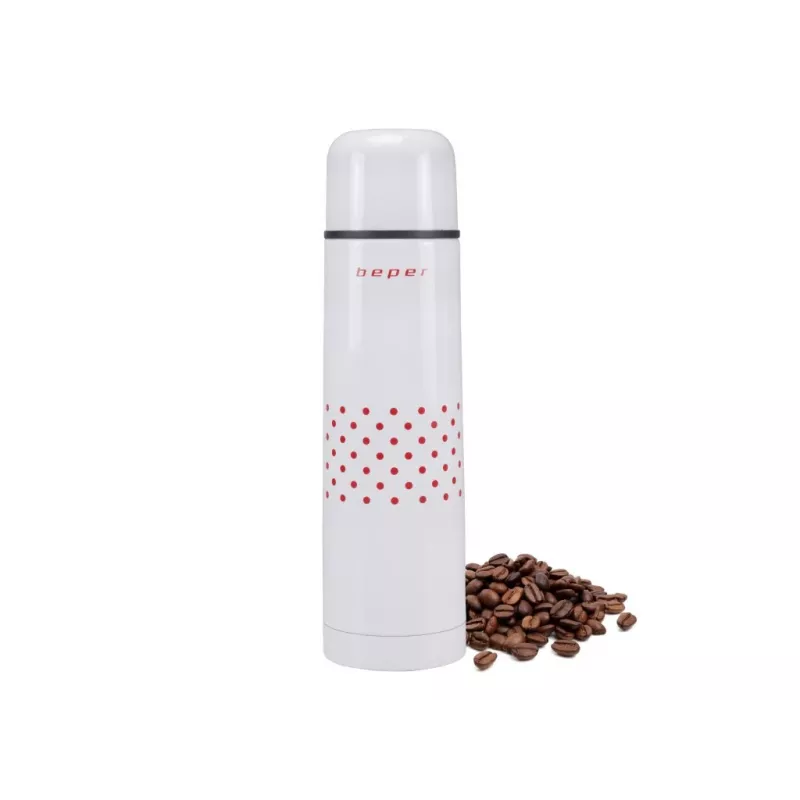Beper BI.504 tyhjiöeristetty termospullo 500 ml, ruostumaton teräs, mukilla, punainen pilkullinen