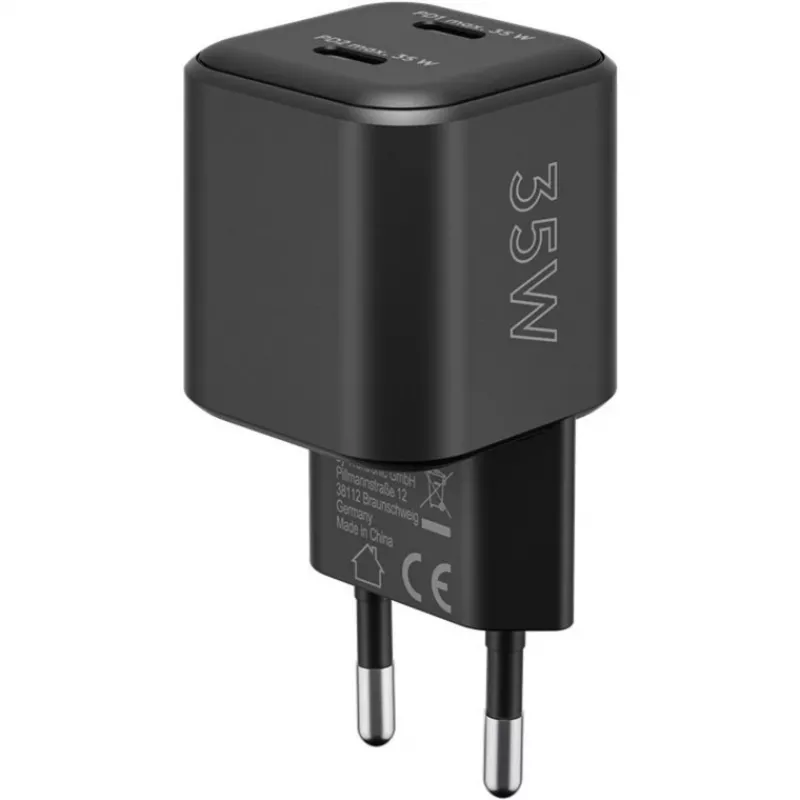 Seinäkiinnitteinen laturi GOOBAY 75333 — yleislaturi AC-USB-C sisäkäyttöön, 2x USB-C, 35 W, musta