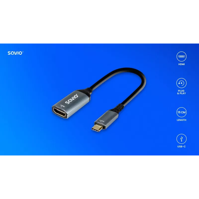 Savio sovitin USB-C (M) HDMI (f), 4K, 60Hz, alumiini, AK-78