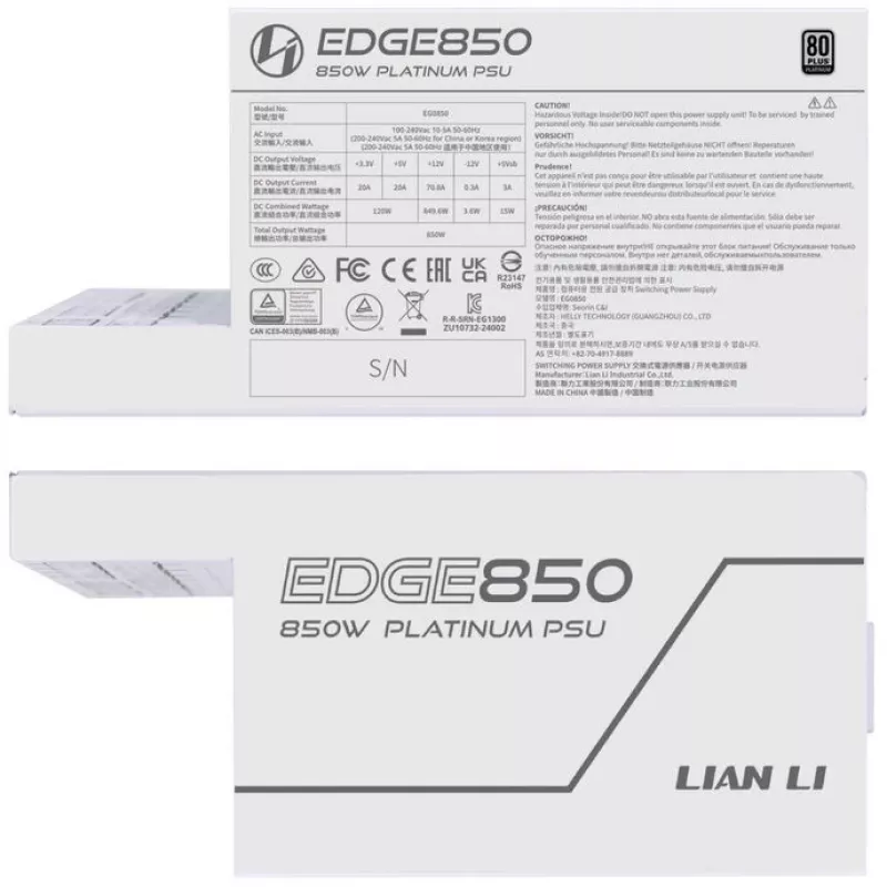 Lian Li EDGE EG0850 850 W virtalähde, 80 PLUS Platinum, ATX 3.1, PCIe 5.1, valkoinen