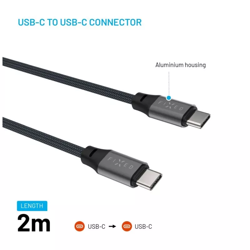 Magneettinen punottu USB-C - USB-C -kaapeli FIXED FIXDBM-CC2-GR, USB 2.0, punottu vaippa, kiinteä pituus, harmaa