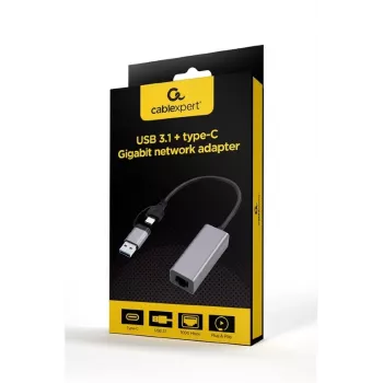 USB 3.1 Type-C gigabitin verkkosovitin Gembird A-USB3AC-LAN-01 — 1× RJ-45, 1000 Mbit/s, USB 3.2 Gen 1, metallikotelo, harmaa