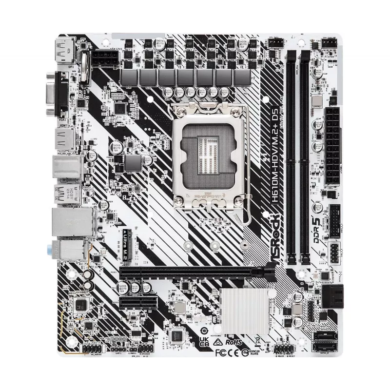 ASRock H610M-HDV/M.2+ D5 emolevy, Intel H610, LGA 1700, Micro-ATX, 2x DDR5 DIMM (enint. 96 GB), PCIe 4.0 x16, 1x M.2, 4x SATA III, HDMI, DisplayPort, VGA, USB-C 3.2 Gen 1, Gigabit LAN